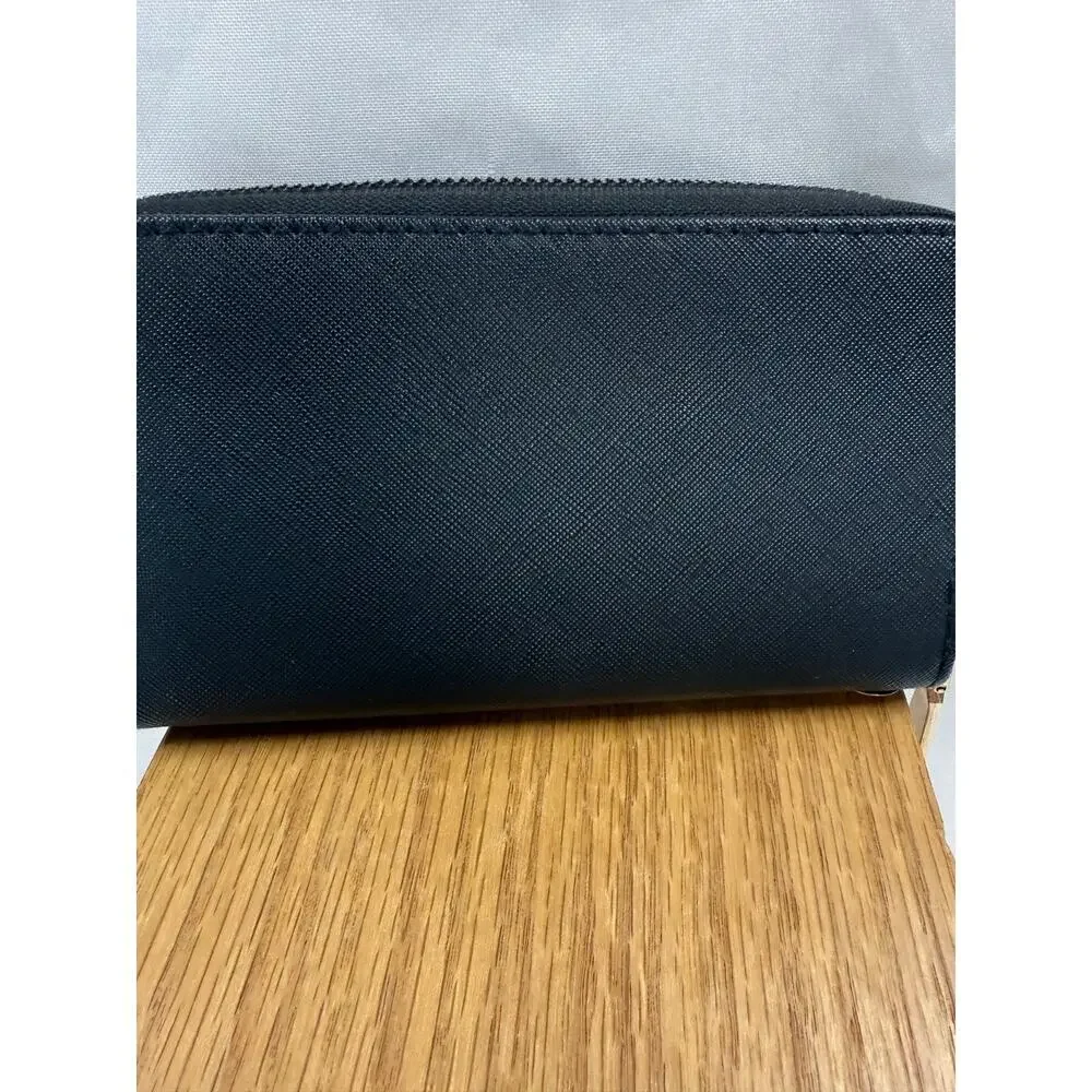 Black Zip Around Wallet Clutch Gold Medallion Organizer Checkbook Style